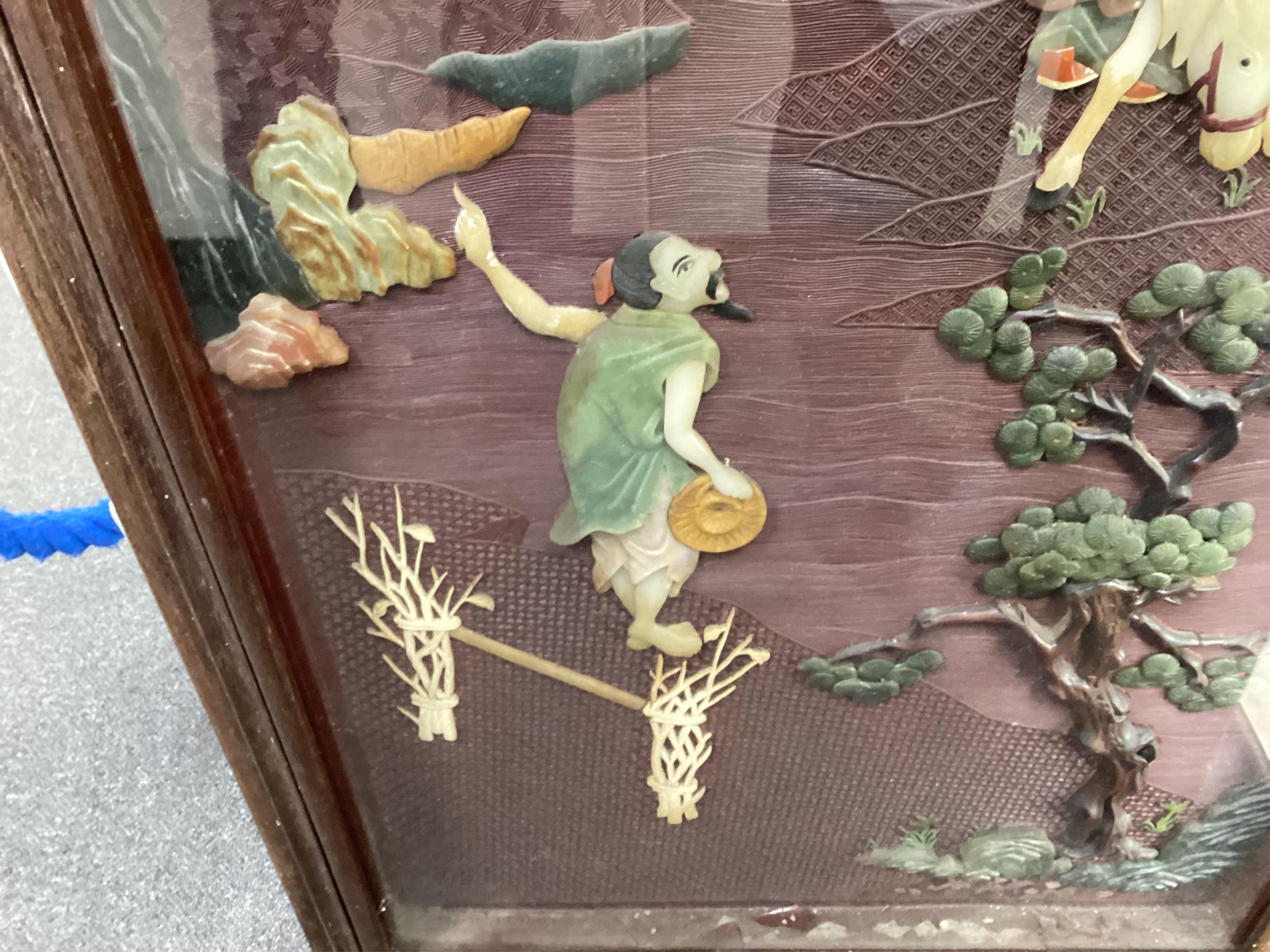 A Chinese carved cinnabar lacquer and hardstone mounted panel, early 20th century
